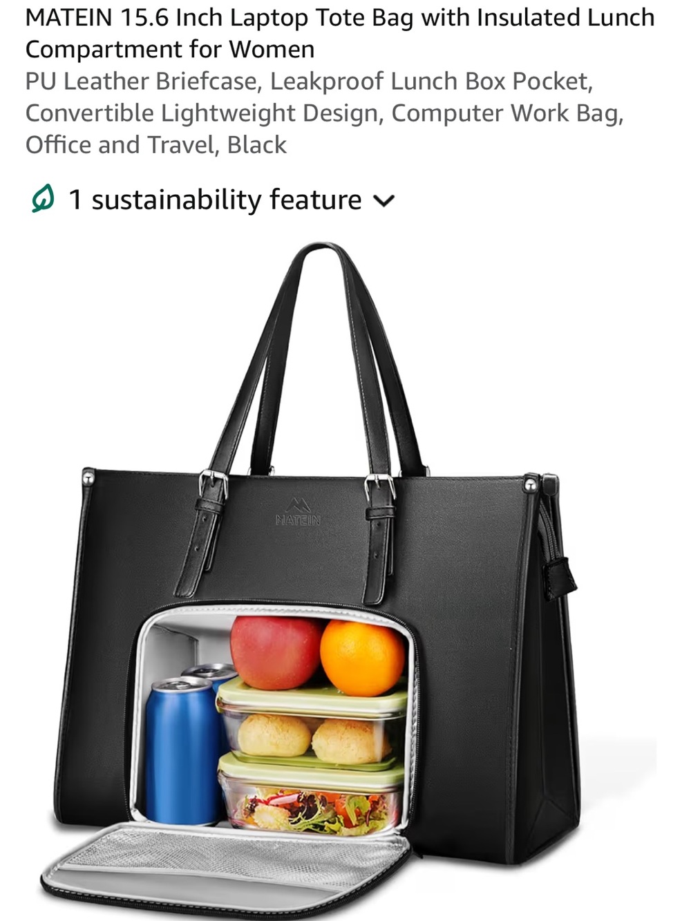 Black 15.6" Laptop Tote Bag with Insulated Lunch Compartment for Women